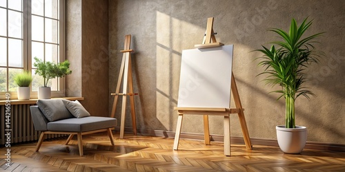 Obraz na płótnie Modern Living Room Interior Design: Wooden Easel with Blank Canvas w salonie