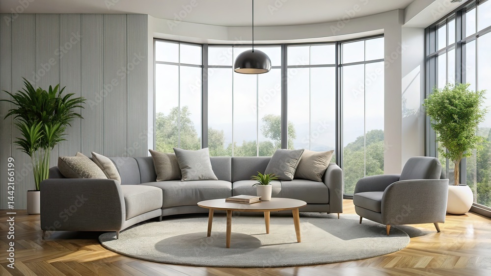 Modern Living Room with Gray Sofa & Window, Minimalist Interior Design