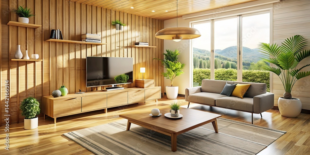 Modern Living Room with Wooden Structure & Light-Colored Wood Grain
