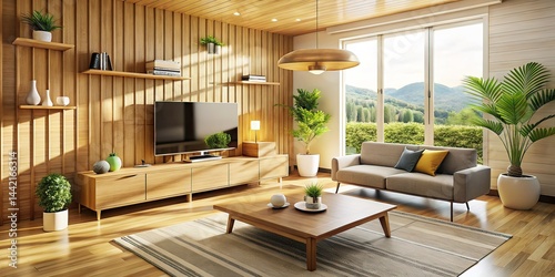 Obraz na płótnie Modern Living Room with Wooden Structure & Light-Colored Wood Grain w salonie