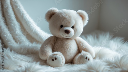 Joyful teddy bear baby positioned on a plush white fur blanket backdrop. Close-up. Vacant spot for inspiration.