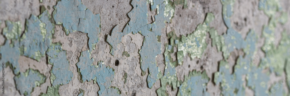 Peeling paint on the wall. Panorama of a concrete wall with old cracked flaking paint. Weathered rough painted surface with patterns of cracks and peeling. Wide panoramic grunge texture for background