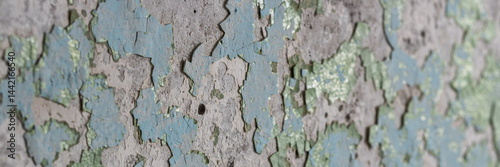 Obraz na płótnie Peeling paint on the wall. Panorama of a concrete wall with old cracked flaking paint. Weathered rough painted surface with patterns of cracks and peeling. Wide panoramic grunge texture for background w salonie
