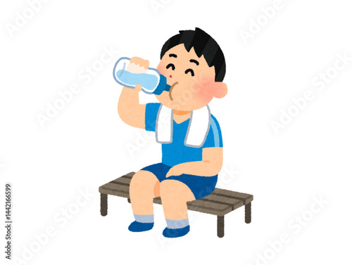 Tired boy drinking water from a bottle