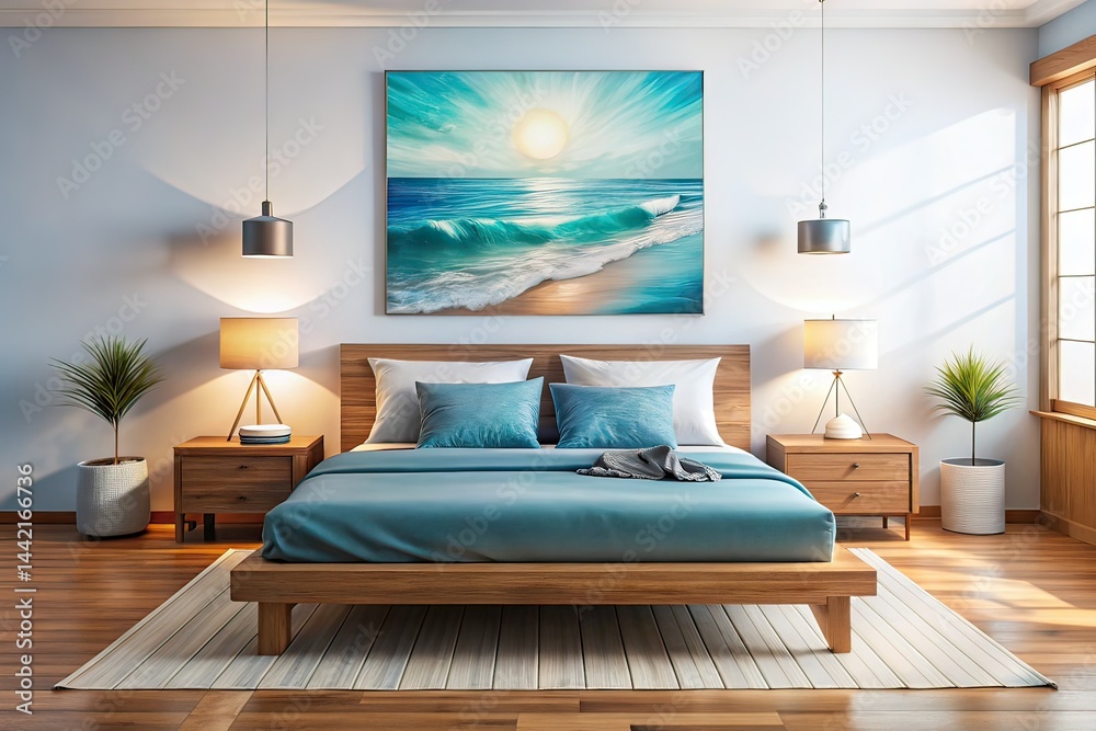 Modern Nautical Bedroom, Wooden Bed, Abstract Sea Art