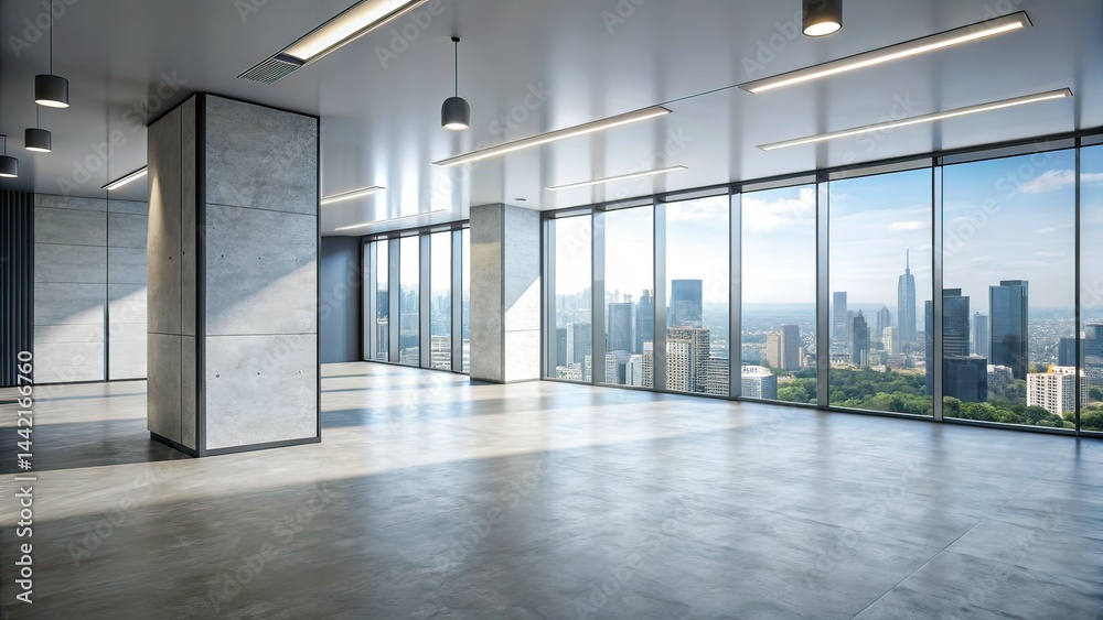 Modern Office Lobby Design, Empty White Wall, City View