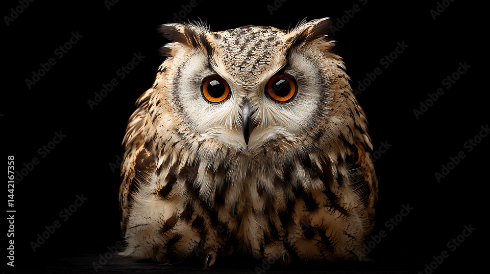 Fototapeta premium Majestic owl with striking orange eyes perched against a dark background, showcasing its intricate feathers