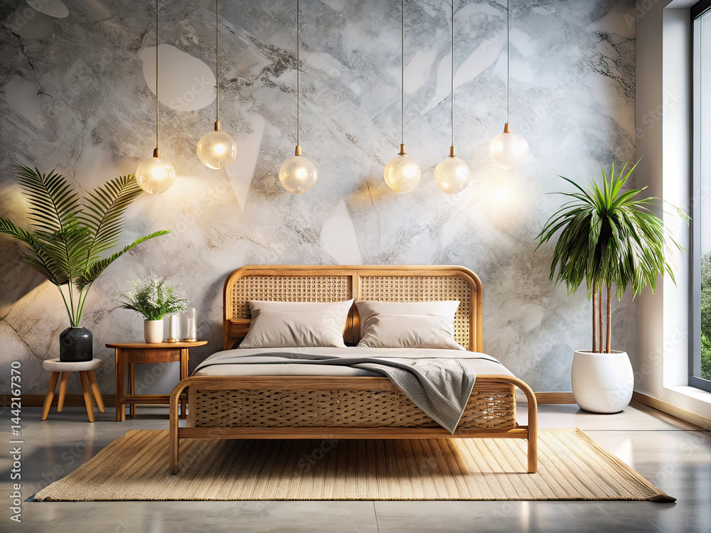 Modern Scandinavian Bedroom Mockup - Rattan Bed on Marble Wall -