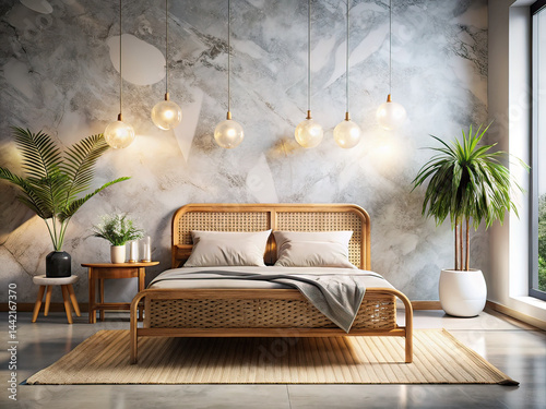 Obraz na płótnie Modern Scandinavian Bedroom Mockup - Rattan Bed on Marble Wall - w salonie