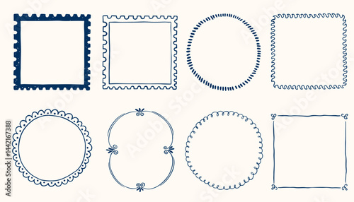 Hand drawn ink vintage frames in marine sea coastal style. Stamp or letter mark frames for greeting cards, wedding, birthday party, invitations. Minimalist coquette vector borders. Sketch art line