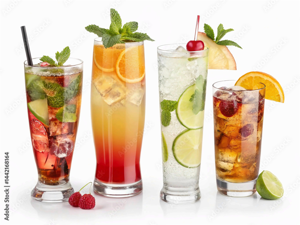 Cuba Libre, Long Island, Mojito, Paloma, Tequila Sunrise, Screwdriver cocktail transparent PNG set bundle, isolated background. Bar menu cocktails in highball glass, colorful refreshing drink garnish Cuba Libre, Long Island, Mojito, Paloma, Tequila Sunrise, Screwdriver cocktail transparent PNG set bundle, isolated background. Bar menu cocktails in highball glass, colorful refreshing drink garnish