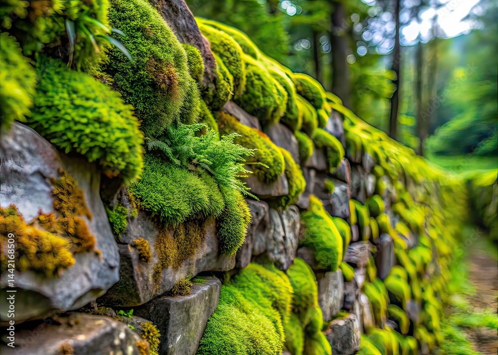 Moss-Covered Stone Wall Closeup - Outdoor Landscape Photography