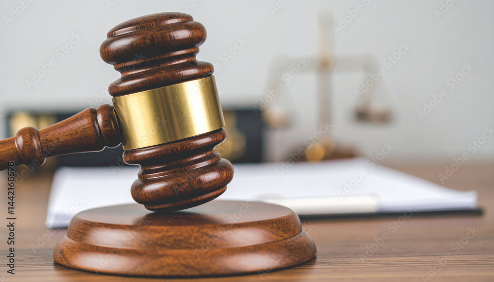 classic brown judge gavel rests on wooden base, symbolizing justice and law, with legal documents softly blurred in background, creating professional atmosphere classic brown judge gavel rests on wooden base, symbolizing justice and law, with legal documents softly blurred in background, creating professional atmosphere
