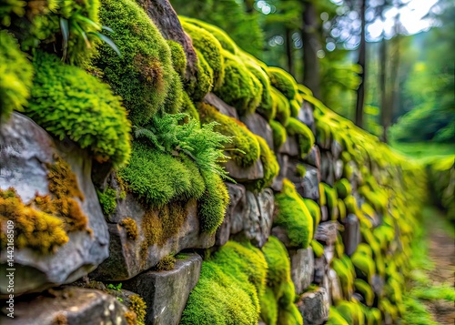 Obraz na płótnie Moss-Covered Stone Wall Closeup - Outdoor Landscape Photography w salonie