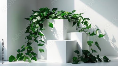 Green leaves displayed on a pedestal against the backdrop