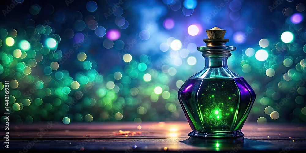 Mystical Emerald Potion in Vintage Purple Bottle - Glowing Bokeh
