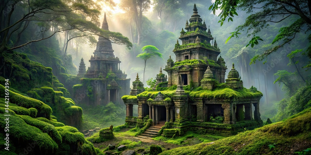 Mystical Foggy Ancient Temple, Overgrown Forest, High Depth of Field