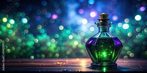 Obraz na płótnie Mystical Emerald Potion in Vintage Purple Bottle - Glowing Bokeh w salonie