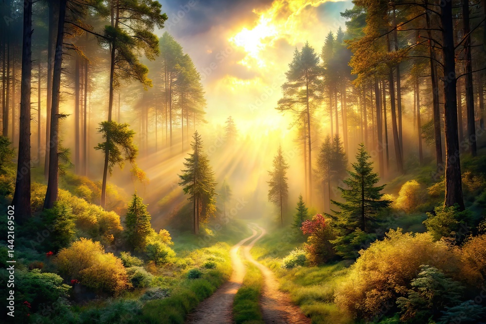Mystical Forest Path Sunlight Fog Fantasy Nature Panoramic