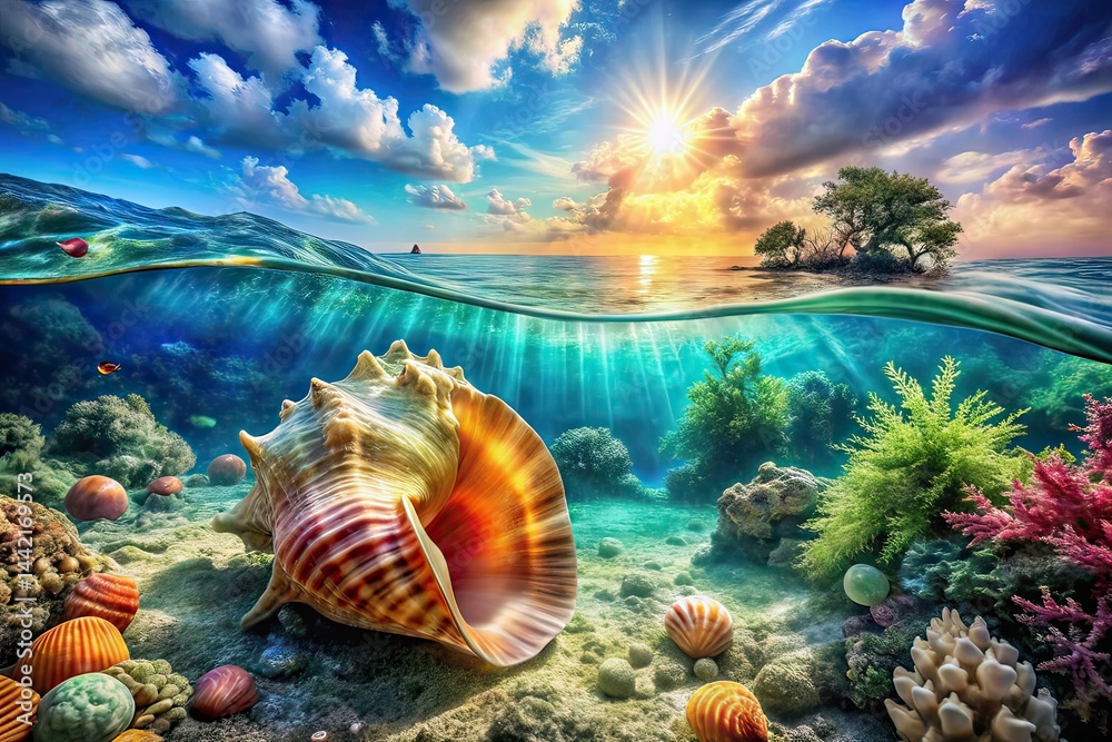 Mystical Underwater Realm, Ancient Seashell, Marine Life, Copy Space