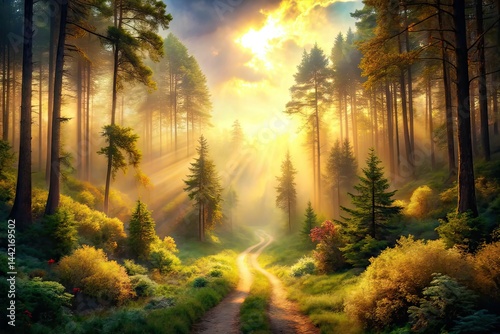 Obraz na płótnie Mystical Forest Path Sunlight Fog Fantasy Nature Panoramic w salonie