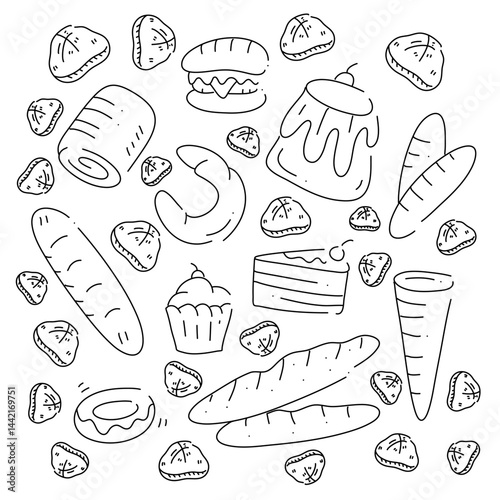 bread and cake doodle art set bundle for food and drink resources with line style