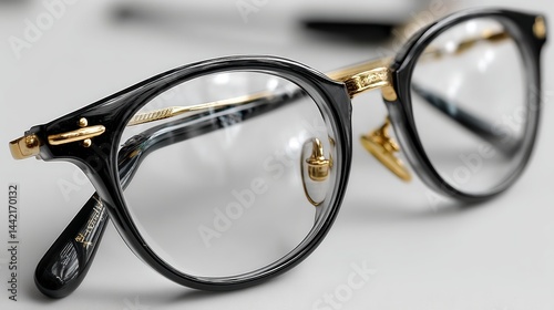 a pair of reading glasses on a white isolated background, stylish and sharp focus