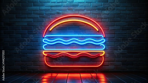Obraz na płótnie Neon Burger Sign Silhouette, Blue Red, Food Art w salonie