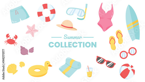 Flat Cartoon Summer Beach Elements Collection