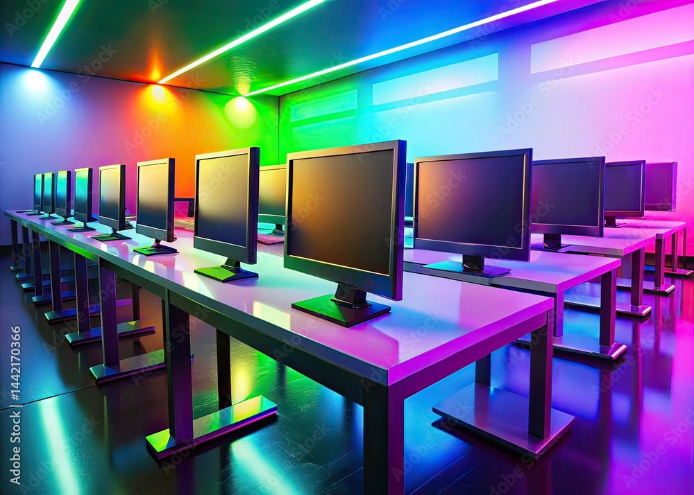 Neon Computer Lab Monitors - Row of Lit Displays