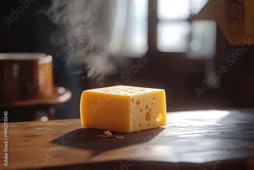 Obraz na płótnie Aromatic swiss cheese cube with steam on wooden table in soft morning light w salonie