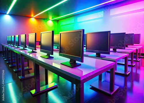 Obraz na płótnie Neon Computer Lab Monitors - Row of Lit Displays w salonie