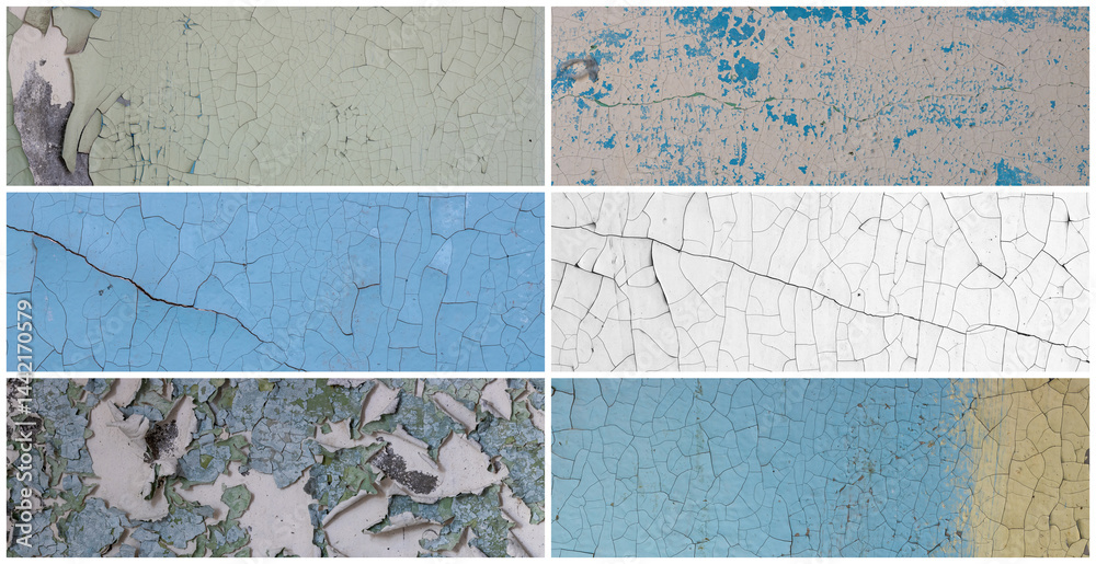 Set of peeling paint textures. Old concrete walls with cracked flaking paint. Weathered rough painted surfaces with patterns of cracks and peeling. Collection of panoramic backgrounds for design.
