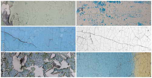 Obraz na płótnie Set of peeling paint textures. Old concrete walls with cracked flaking paint. Weathered rough painted surfaces with patterns of cracks and peeling. Collection of panoramic backgrounds for design. w salonie