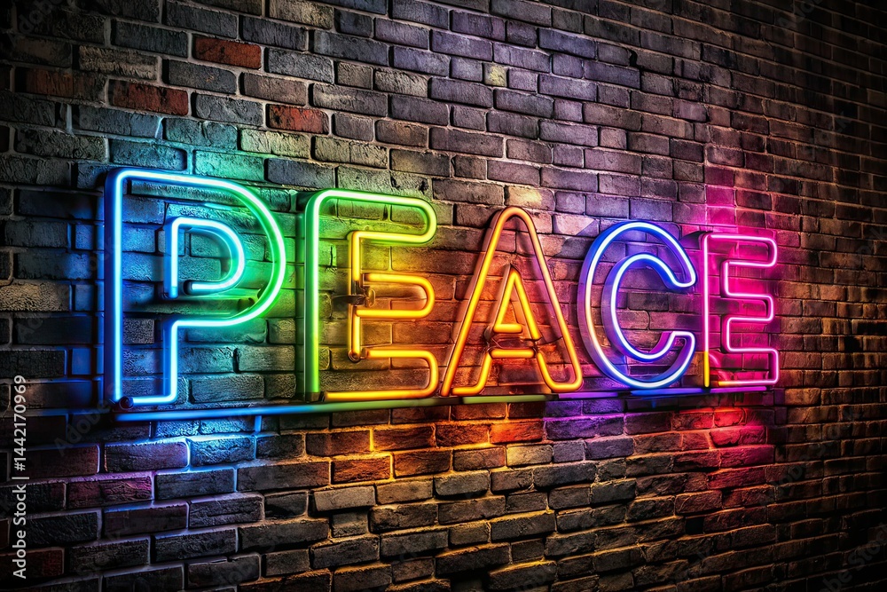 Neon PEACE Panoramic Dark Brick Background AI Photo