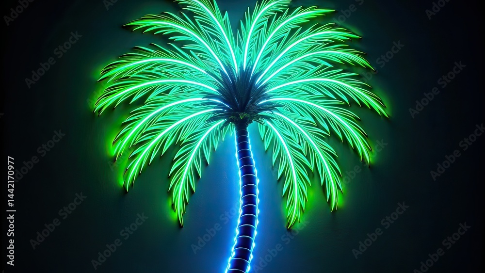Neon Palm Tree Long Exposure Photo, Green Blue Lights, Abstract Art