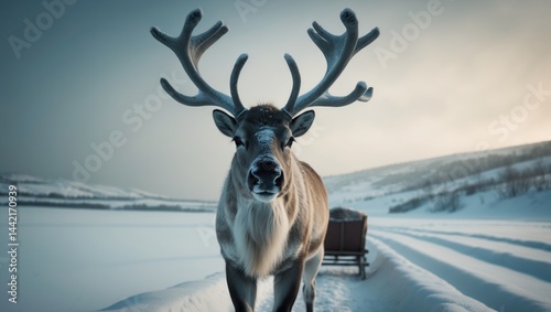 A reindeer with substantial antlers transporting a sleigh in a snowy landscape