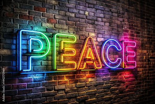 Obraz na płótnie Neon PEACE Panoramic Dark Brick Background AI Photo w salonie