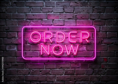 Obraz na płótnie Neon Pink Order Now Sign Brick Wall Aerial w salonie