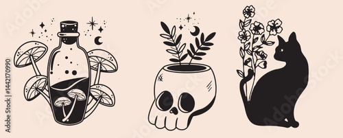 Hand-drawn vintage mystical and magic symbols illustration