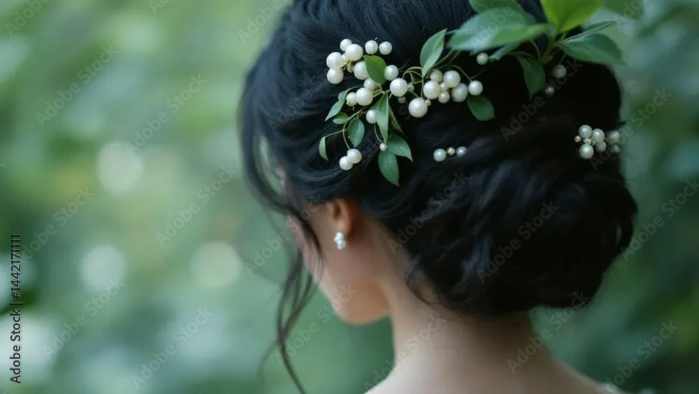 Naklejka premium Wedding hairdo with white flowers and pearls