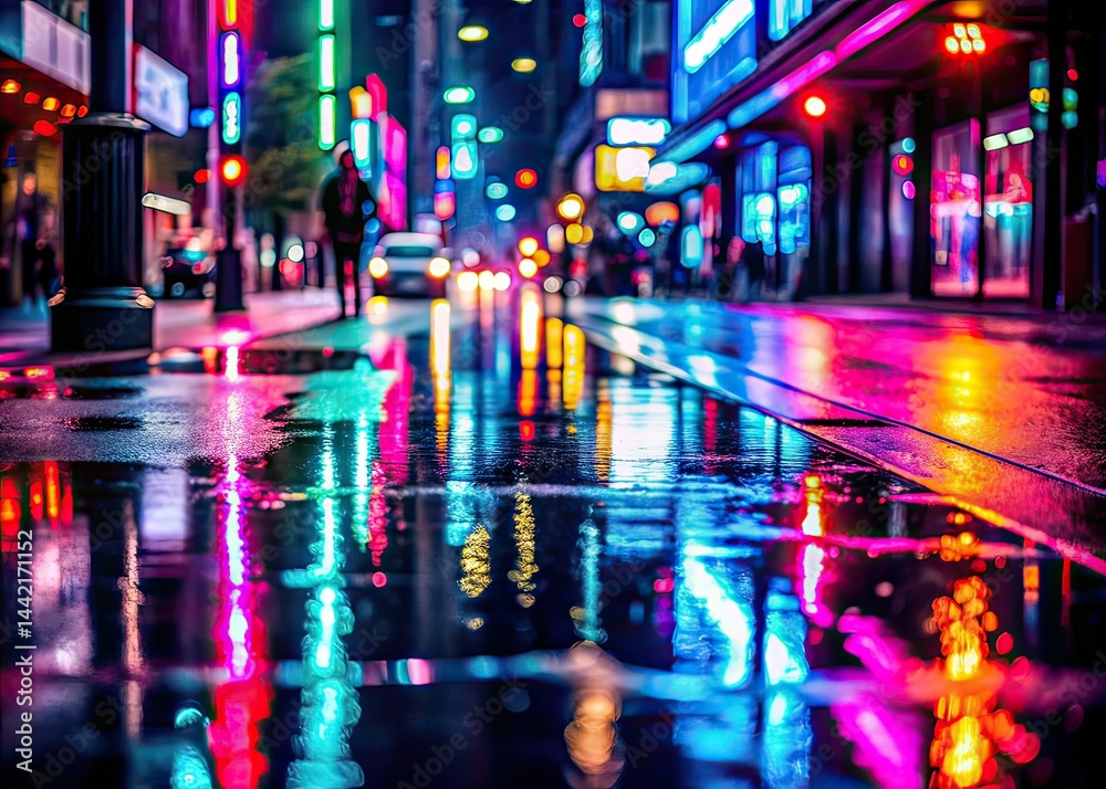 Neon Reflections City Night Wet Sidewalk