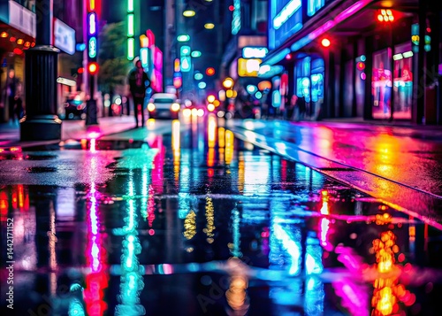 Obraz na płótnie Neon Reflections City Night Wet Sidewalk w salonie