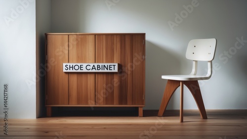 Wood shoe cabinet and chair set against a backdrop of white walls. photo