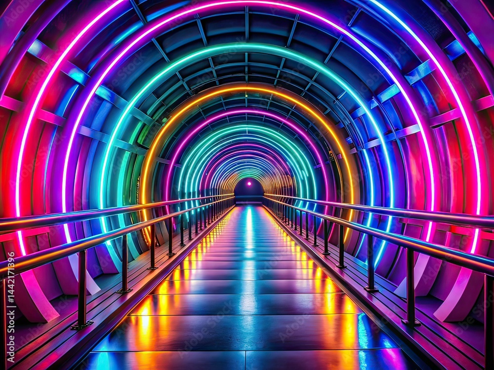 Neon Tunnel Perspective Night Photography AI Art, Futuristic Tunnel, Cityscape, Night Vision