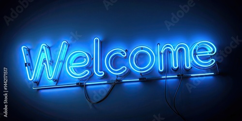 Obraz na płótnie Neon Welcome Sign Low Light Photography, Glowing Blue, Reflections w salonie