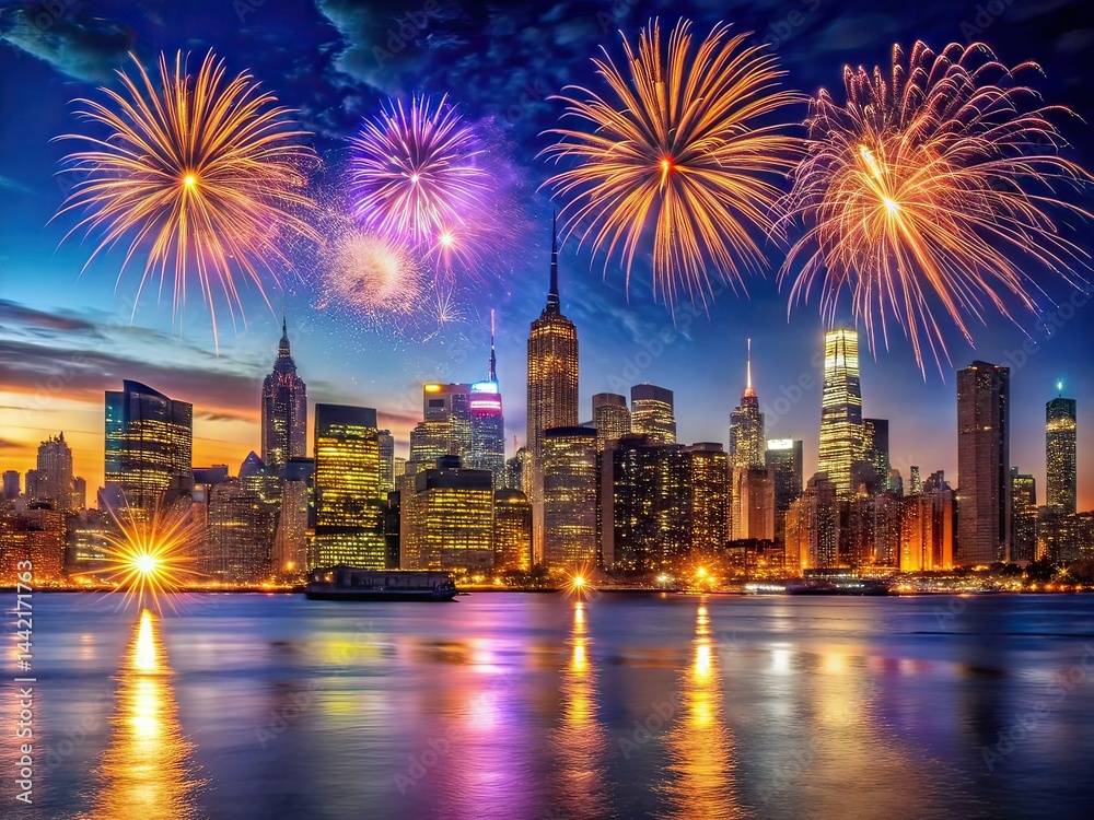 New Year's Eve Fireworks Over NYC Skyline - Long Exposure