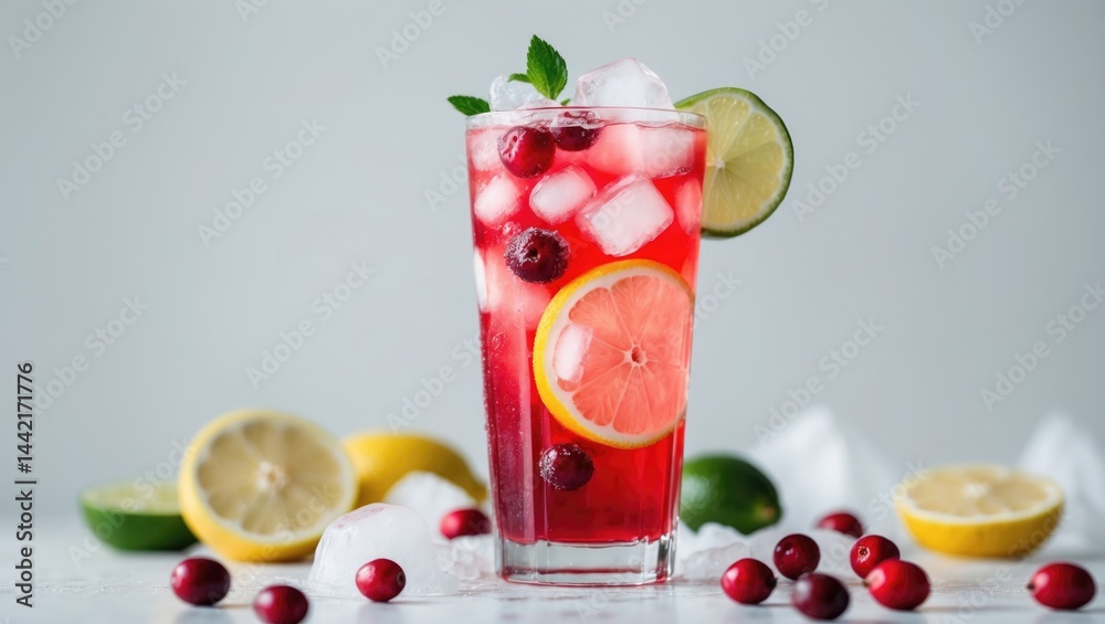 Red berry and fruit lemonade served with lime and lemon slices, ice cubes, and foam in a tall glass on a white background Red berry and fruit lemonade served with lime and lemon slices, ice cubes, and foam in a tall glass on a white background