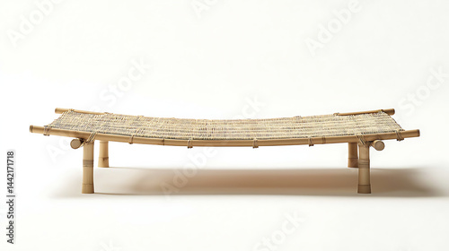A bamboo and rope bed is on a white background