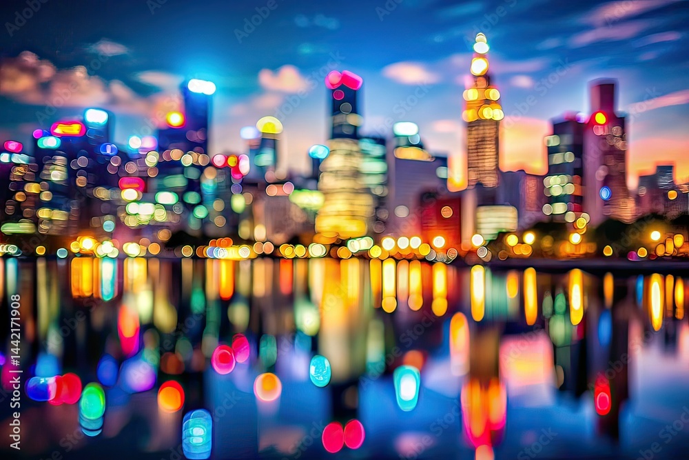 Night City Skyline Bokeh Abstract Background, Urban Lights